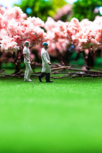 抽象树林摄影照片_樱花树旁草地上行走的医护人员