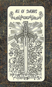王牌剑。小奥秘塔罗牌。魔术门甲板。幻想雕刻插图与神秘的神秘符号和深奥的概念, 复古背景