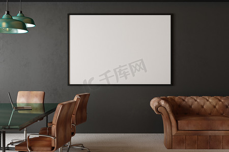 现代会议室的灰色墙上的空白图片框, 有玻璃桌、真皮沙发和真皮椅。3d 渲染