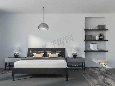 现代双人床摄影照片_现代卧室的内部有白色的墙壁, 一层木地板, 一张双人床和一个书柜。前视图。3d 渲染模拟