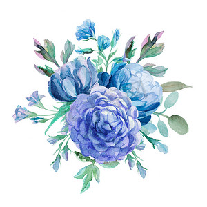 浪漫蓝色水彩背景摄影照片_不同的水彩花卉浪漫集合