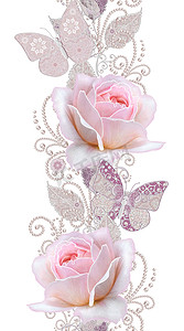 粉利摄影照片_无缝模式。装饰装饰, 佩斯利元素, 精致的质感银叶制成的薄花边和珍珠, 螺纹的珠子, 芽粉彩粉红色的玫瑰, 蝴蝶。镂空织造精致.