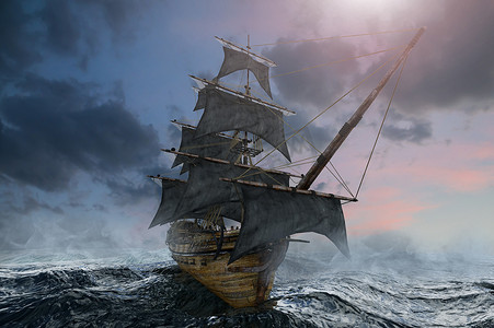 海盗船在海上航行, 3d 渲染