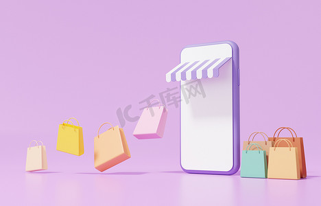 购物袋浮动和商店在智能手机网上购物的概念。紫色背景最小，折扣，促销，销售，横幅，网站。3D渲染。图例.