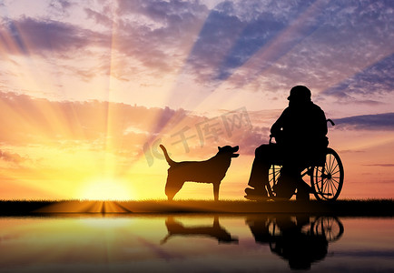 残疾人士和狗的剪影