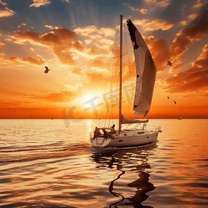 夕阳下航行的游艇游艇旅游——海上夜游