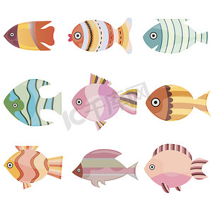 五颜六色的鱼摄影照片_五颜六色的鱼集向量例证。在白色背景查出的海洋或海洋鱼收集.