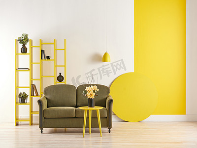 绿色书籍背景摄影照片_现代房间黄白色背景和绿色沙发风格，书架茶几花瓶植物和书籍.