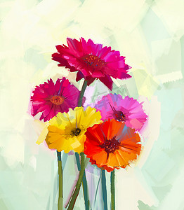 oil摄影照片_Still life of yellow and red gerbera flowers .Oil painting of spring flowers . Hand Painted floral Impressionist style