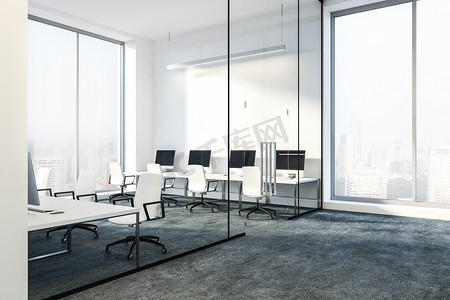 现代办公室的大堂, 有白色的墙壁、玻璃门和灰色地板上的白色电脑桌。模拟3d 渲染