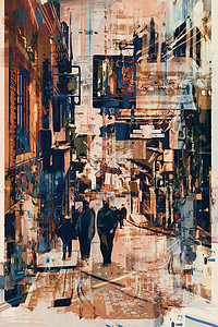 抽象艺术的人走在巷子里
