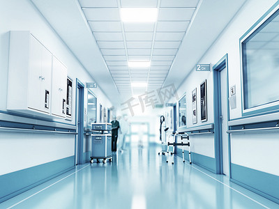 医学概念。医院走廊与房间。3d 插图