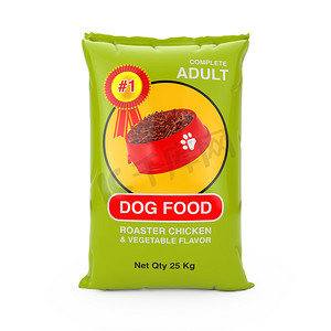 狗食品袋包装设计在白色的背景。3d 渲染 