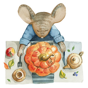 水彩南瓜摄影照片_水彩插图是孤立的白色背景。蓝色夹克上的小灰老鼠坐在桌子上, 烤南瓜和不同的食物, 并祈祷。关于感恩节的说明