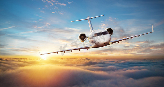 豪华私人喷气式飞机飞越云端。现代最快的交通方式, 象征奢华和商务旅行.