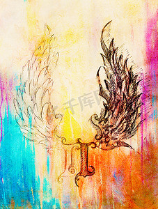 铅笔画在旧纸上。天使的翅膀和罗马数，上帝和魔鬼的翅膀。和背景颜色的斑点.