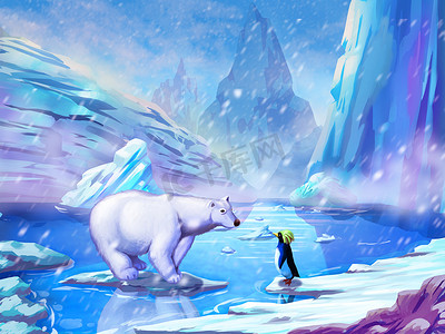 cg摄影照片_北极熊和企鹅的梦幻般的, 现实的和未来的风格。视频游戏的数字 Cg 图稿, 概念插图, 逼真卡通风格场景设计