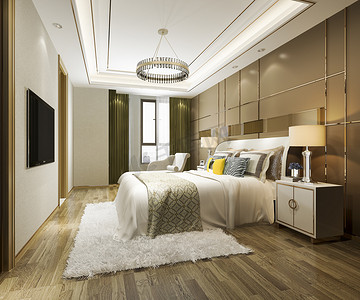3d 渲染美丽的豪华黄色卧室套房在酒店与电视