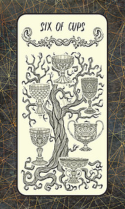 六杯。小奥秘塔罗牌。魔术门甲板。幻想雕刻插图与神秘的神秘符号和深奥的概念, 复古背景