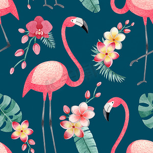火烈鸟、热带花卉和树叶的水彩插图。无缝热带图案