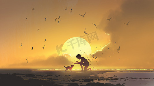 art摄影照片_Puppy looking at the boy shattering into dust against the sutset background, digital art style, illustration painting