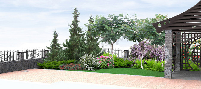 后院园艺背景，3d 渲染