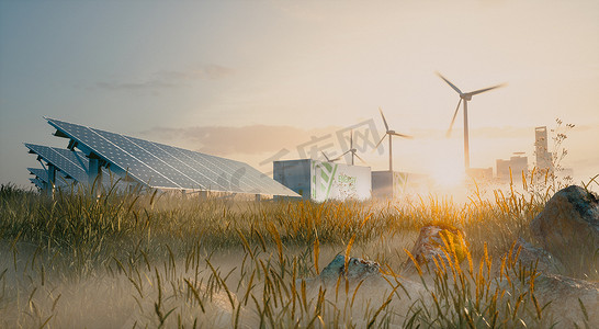 商业储能摄影照片_概念可再生能源解决方案在美丽的晨光. 安装太阳能发电厂、集装箱蓄电池储能系统、风力涡轮机场和城市背景。 3d渲染.