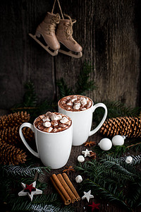 两杯热可可或热巧克力和圣诞树枝、 老式的旧冰鞋、 肉桂、 八角星和舒适。传统的圣诞饮料
