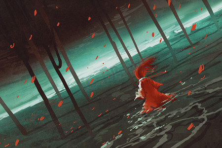 红色在沼泽湖上行走的女人