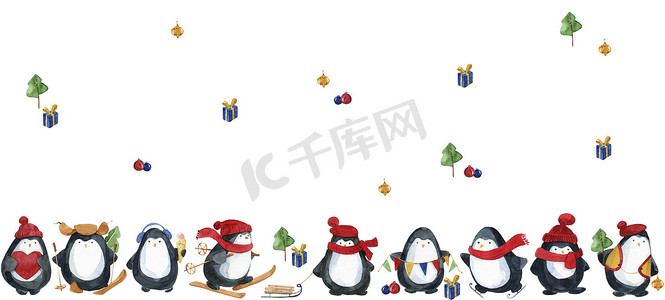 无缝的水彩图案。可爱的小企鹅为圣诞节做准备.