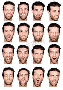 isolated摄影照片_short curly hair brunette adult caucasian man collection set of face expression like happy, sad, angry, surprise, yawn isolated on white