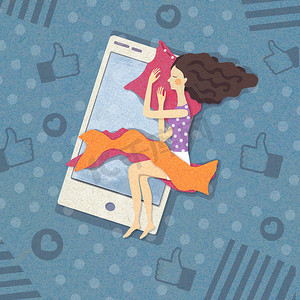 一个小工具在现代社会的地位的例证。一个年轻的女人睡在智能手机上。数字生成。网络成瘾.