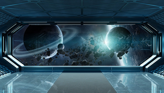 深蓝色渲染摄影照片_深蓝色飞船未来派内部与窗景在空间