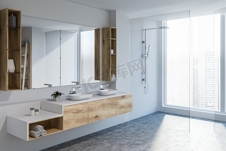 现代浴室角落, 白色墙壁, 混凝土地板, 双水槽站立在木台面和大镜子。玻璃门淋浴。3d 渲染