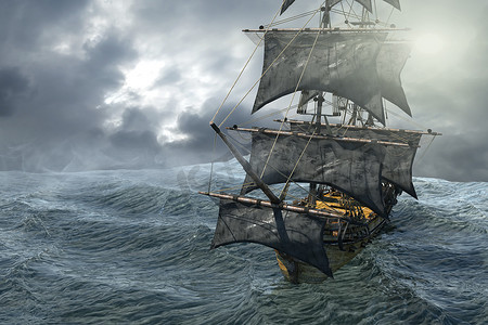 海上航行摄影照片_海盗船在海上航行, 3d 渲染