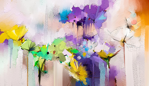 抽象五颜六色的油画, 春花的亚克力绘画。画布上的手绘画笔笔划
