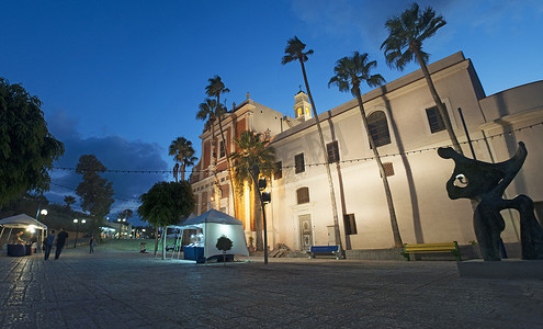 Jaffa, Old City, Israel, Middle East: the night skyline with view of St. Peter's Church, a Franciscan church built in 1654 on the top of the oldest part of Tel Aviv Yafo 