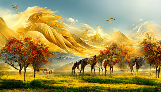 壁画墙纸适用于画框画布印刷。马和金黄的树，还有五颜六色的山。金色的太阳，现代背景的鸟儿，美丽的风景，还有一匹马和一座山