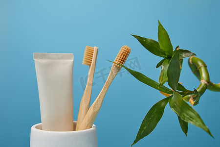 带竹牙刷、牙膏和蓝色背景竹茎的支架