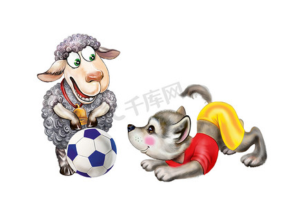 卡通狼摄影照片_狼羊的插图，卡通动物踢足球，友谊的概念，白色背景上的孤立人物