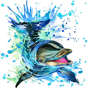 T 恤图形海豚，插画水彩