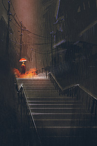 灯伞站在楼梯在晚上雨中的男人