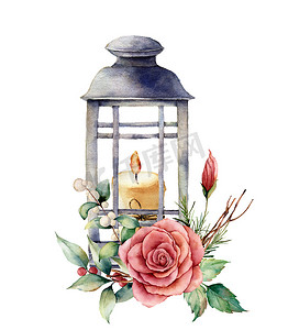手绘玫瑰摄影照片_水彩灯笼与蜡烛和假日装饰。手绘传统灯笼与玫瑰和植物隔离在白色的背景。用于设计或打印.