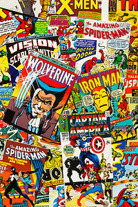 布拉格, 捷克共和国-1月29日: 五颜六色的复古漫画杂志盖子顶面视图平的构成在2018年1月29日在布拉格, 捷克共和国.