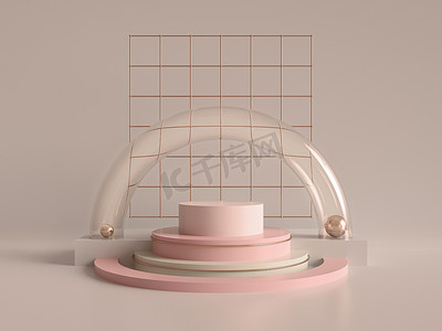 玫瑰渲染摄影照片_3d 渲染, 抽象几何背景, 简约的原始形状, 现代模拟, 气缸讲台, 空白模板, 玫瑰金金属网格, 空的展示, 商店展示, 脸红粉红色柔和的颜色