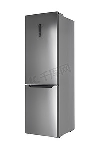 冰箱电器摄影照片_白色背景上隔离的新冰箱。现代厨房和家用主要电器