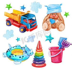水彩孩子们设置了卡通幼稚的玩具风格的汽车卡车, 毛绒兔, 金字塔, 游泳戒指, 水桶与肩胛骨插图隔离在白色背景。完美的儿童书籍, 商店, 印刷, 设计