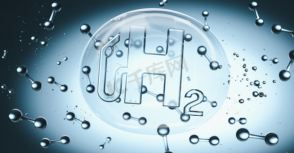 气泡摄影照片_带有分子的液体中气泡中的氢气泵符号