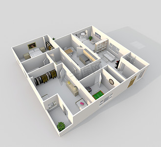 国潮首页模板摄影照片_3d 室内渲染斜视图的首页有家具的房子