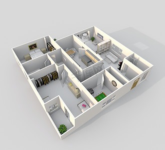 店铺首页餐具摄影照片_3d 室内渲染斜视图的首页有家具的房子